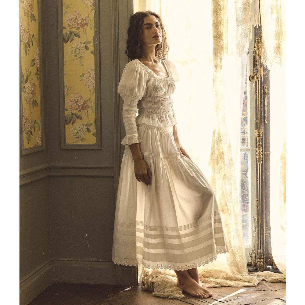 NWT DOEN Sebastiane Skirt Powder Organic Cotton Poplin Eyelet Maxi sz M - Picture 2 of 11